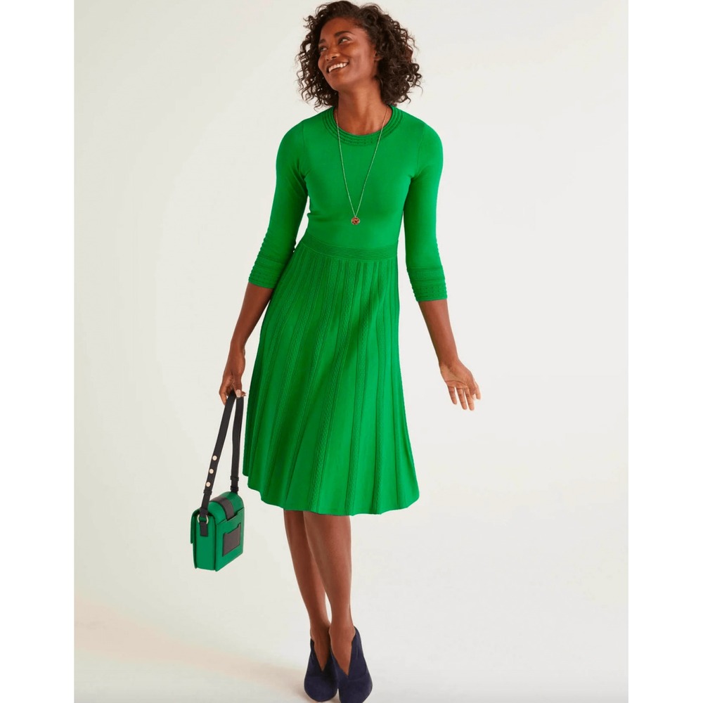 Boden Lorna Knitted Midi Dress Womens 2R Rich Green Emerald Fit Flare Textured